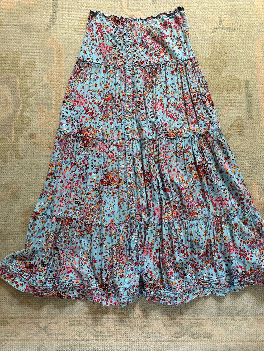 Poupette St. Barth Light Blue Tiered Maxi Skirt with Pink & Yellow Floral
